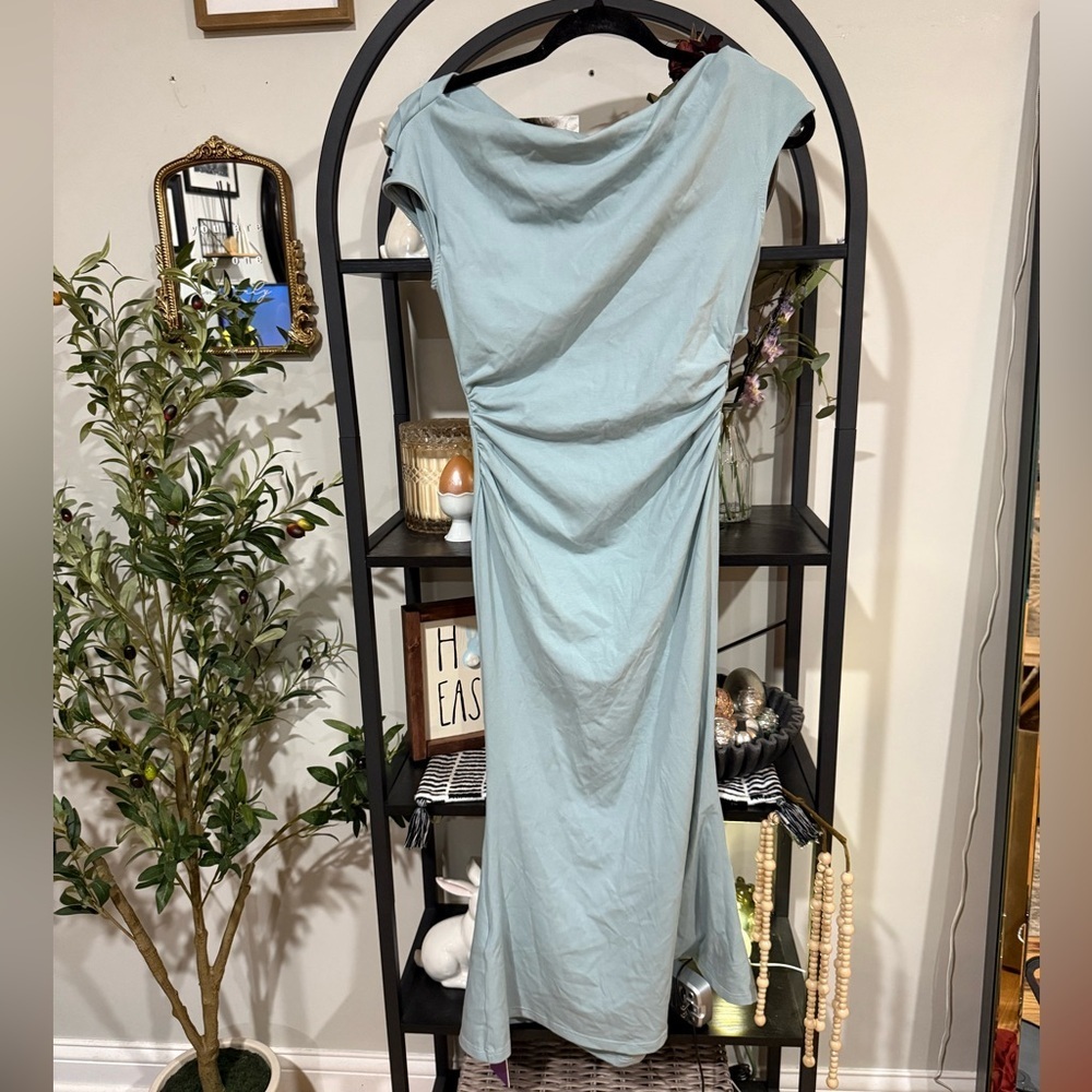 Light Blue Midi Dress - Elegant Ruched Side Midi